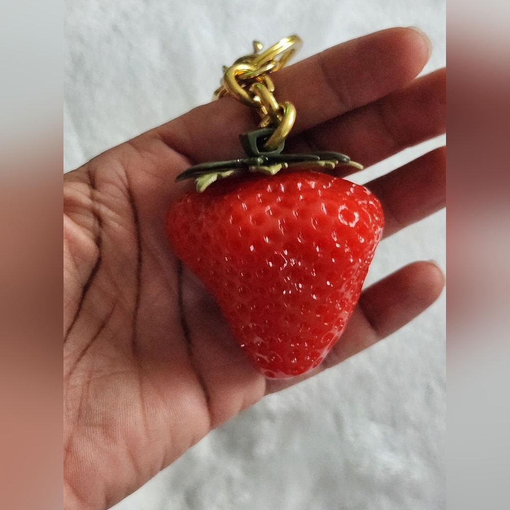 Red Strawberry Keychain with Gold Hardware Luxury Logo Bag Charm - Picture 6 of 8